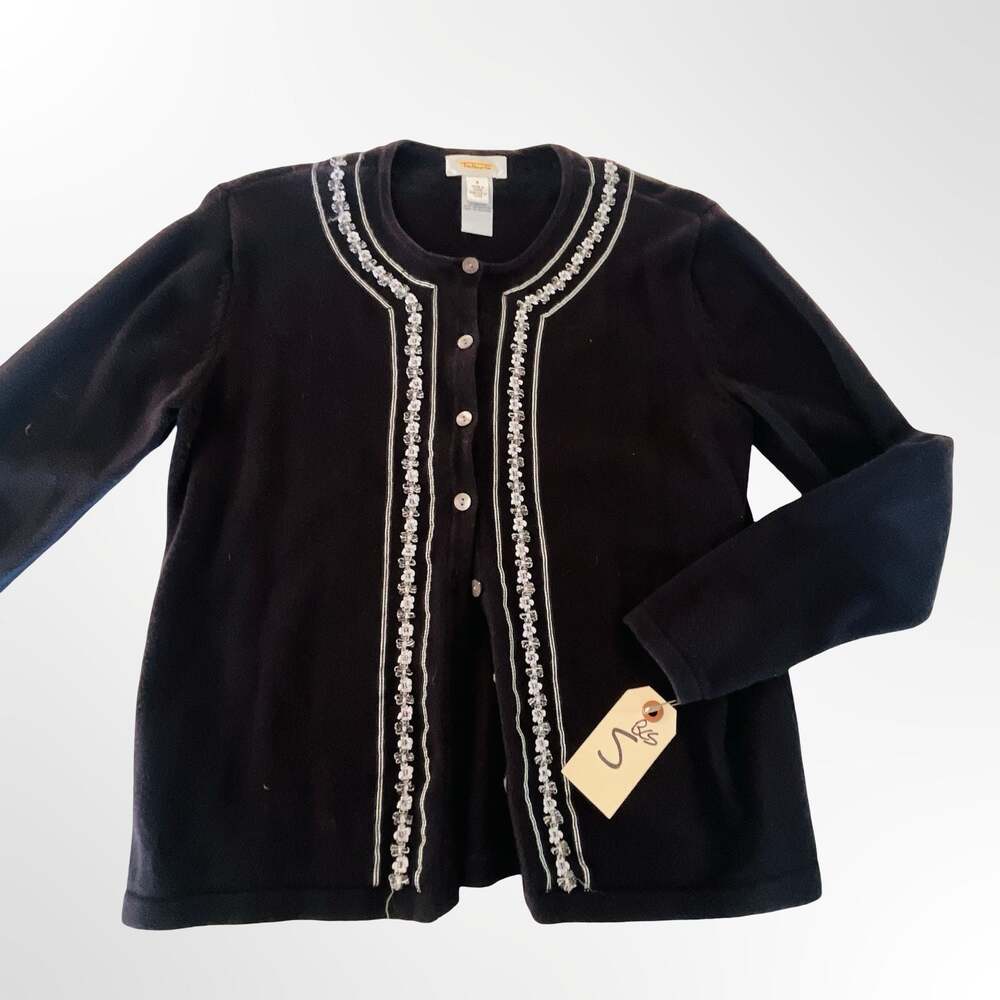 Talbots Black 100% Cotton Cardigan Sweater with Sequin and Bead Trim - Picture 4 of 8